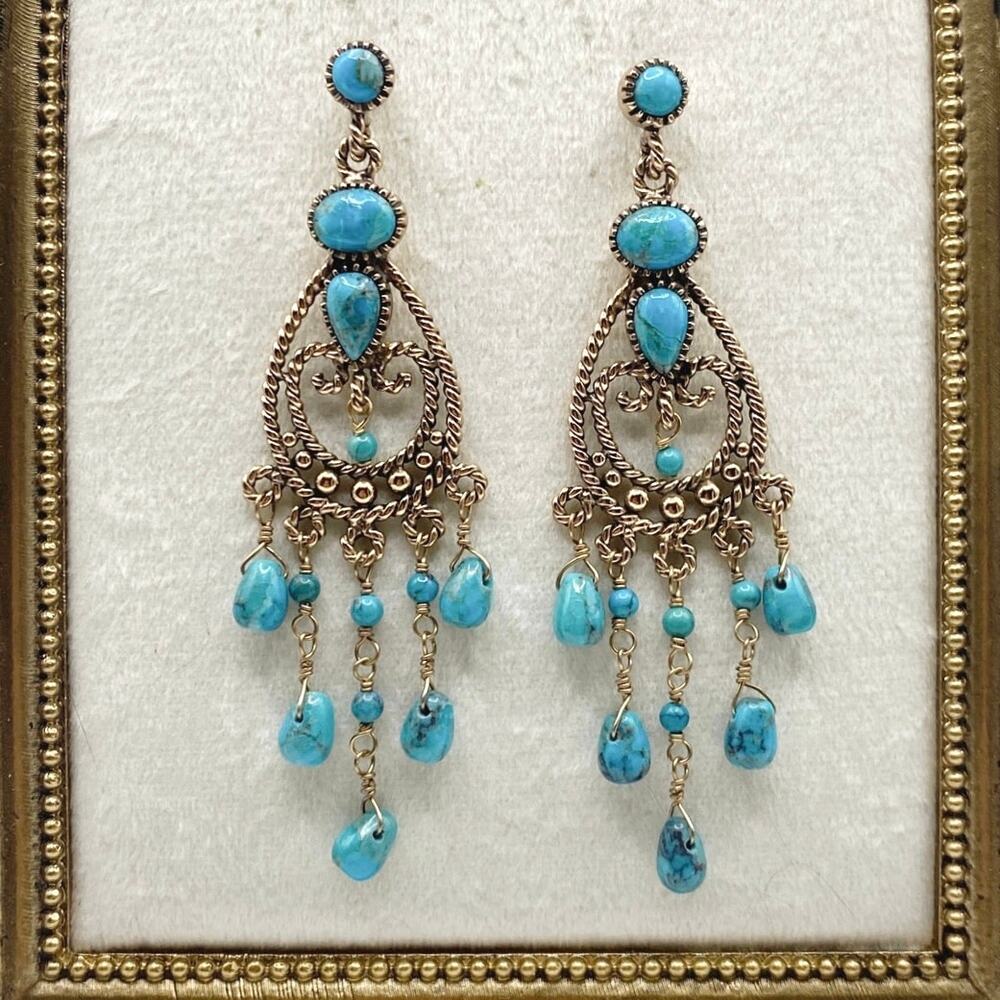 Barse Vintage Gold Filled And Turquoise Chandelier Dangling Studs Earrings 3”
